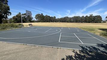 Quadra de basquete ao ar livre com marcações bem visíveis, cercada por árvores e um gramado.