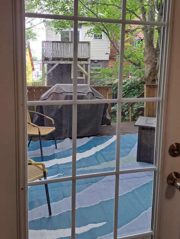 A view through a glass door of a backyard with a covered grill, a blue and white striped rug, and a wooden deck.