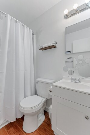 Hair dryer, towels, soap, shampoo