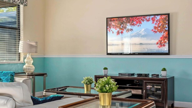 Un salon comprenant un canapé, une table basse, un téléviseur et un écran mural diffusant un paysage.