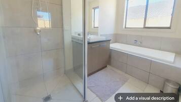 Hair dryer, towels, soap, shampoo