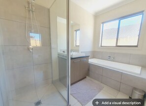 Hair dryer, towels, soap, shampoo
