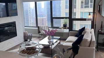 Smart TV, fireplace, computer monitors