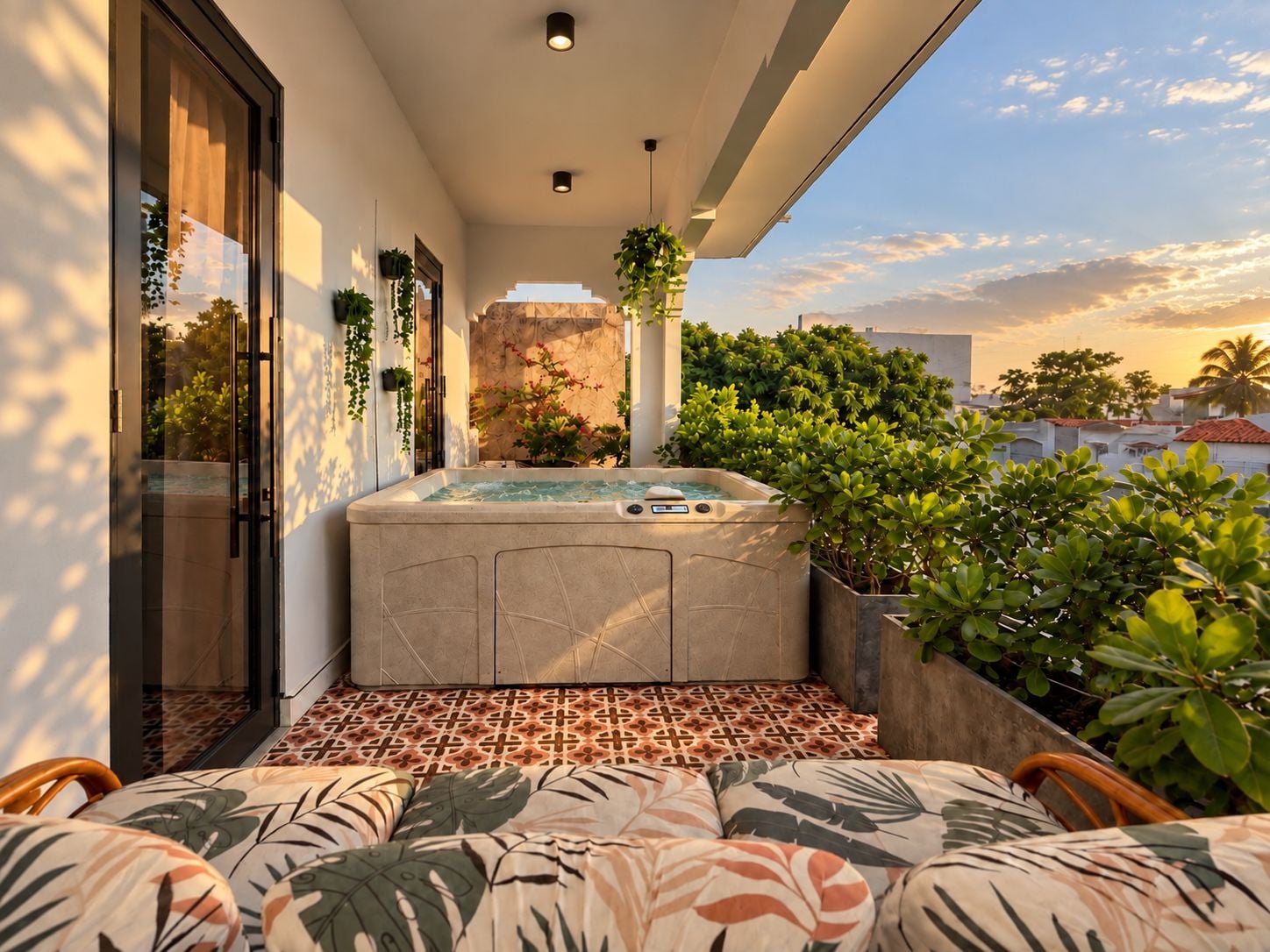 A hot tub on a balcony with a tiled floor, surrounded by greenery and overlooking a cityscape.