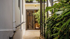 A narrow corridor with a reception area, a staircase, and a balcony with plants.