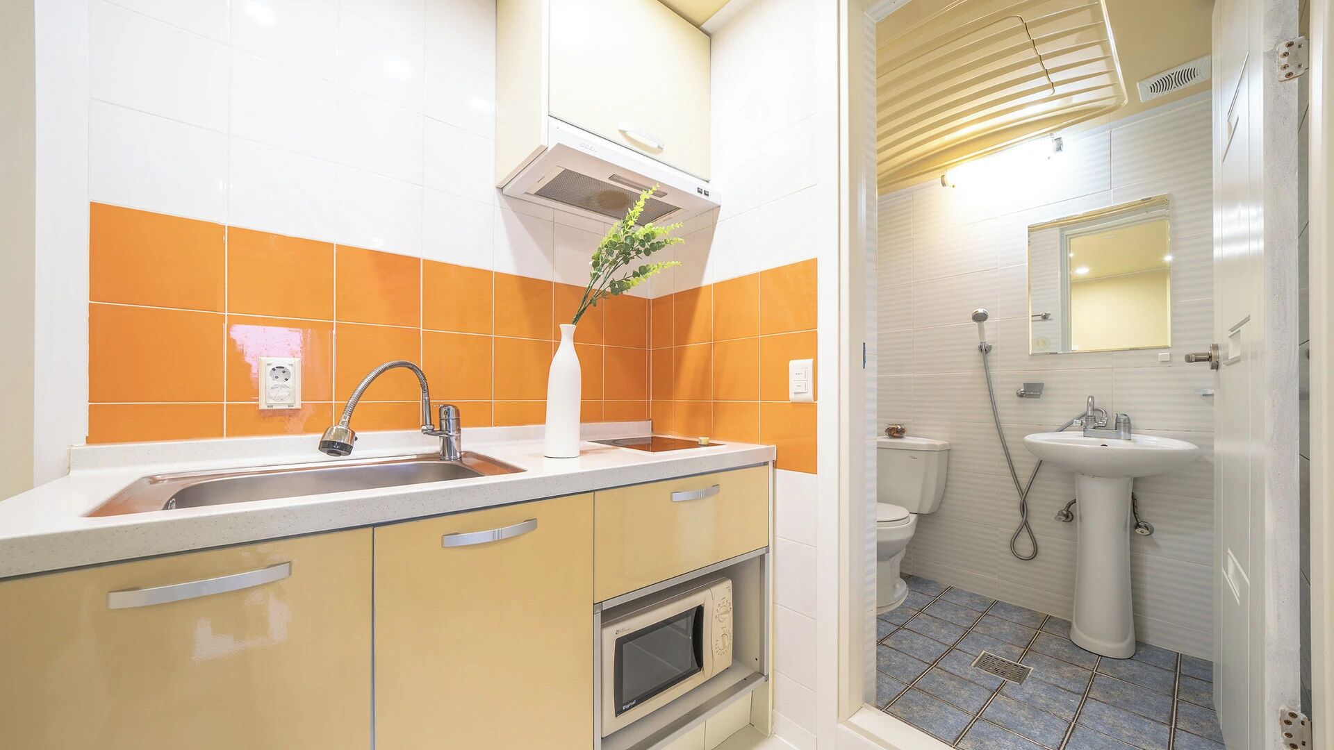 A compact kitchen with a sink, a microwave, and a small oven.