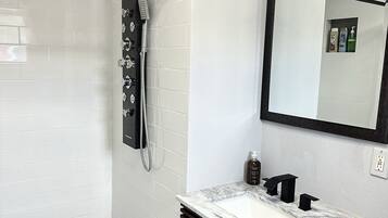 Hair dryer, towels, soap, toilet paper