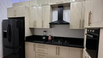 Full-sized fridge, toaster, blender, freezer
