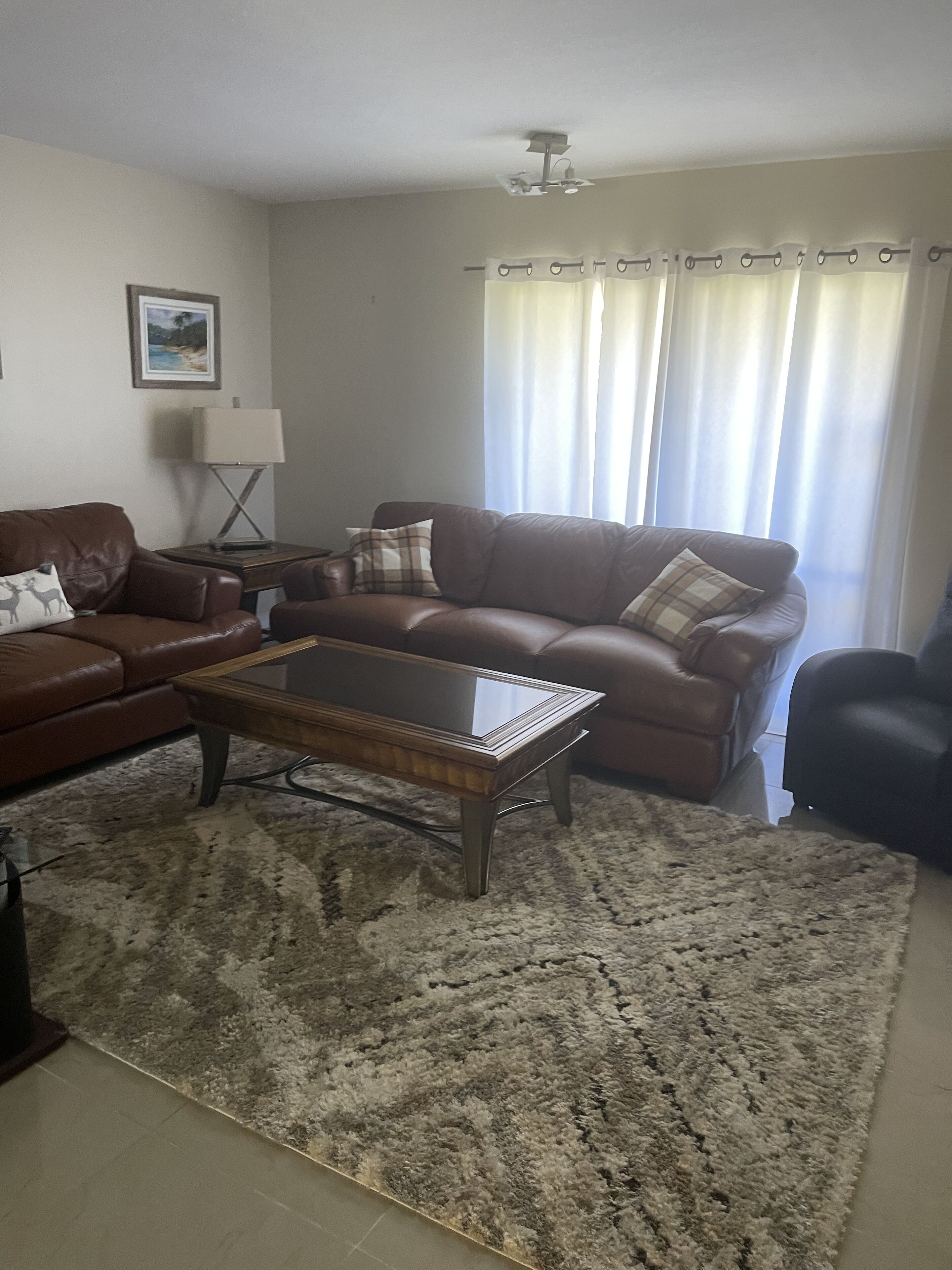 A living room with a brown leather sofa, a glass coffee table, a patterned rug, a side table with a lamp, and a window with sheer curtains.