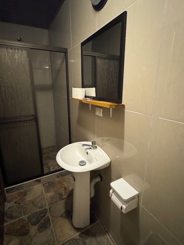 Une salle de bain avec un lavabo blanc, un miroir au-dessus et un espace douche.