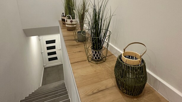 Eine Treppe mit Holzausstattung, weißen Wänden und mehreren Blumentöpfen.