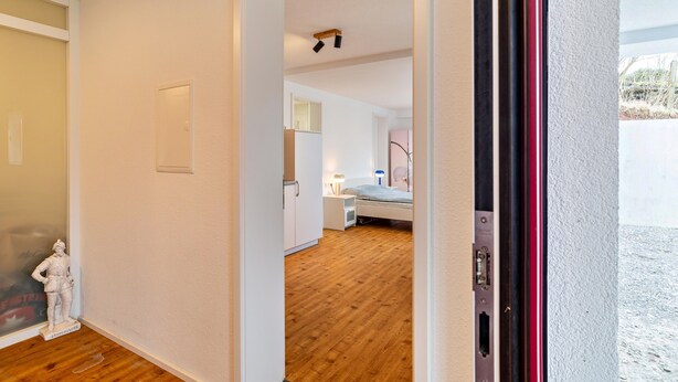 A hallway with a wooden floor, a white door, and a statue. - Studio Apartment ' In der Stadt und Natur' with Wi-Fi (Calw)