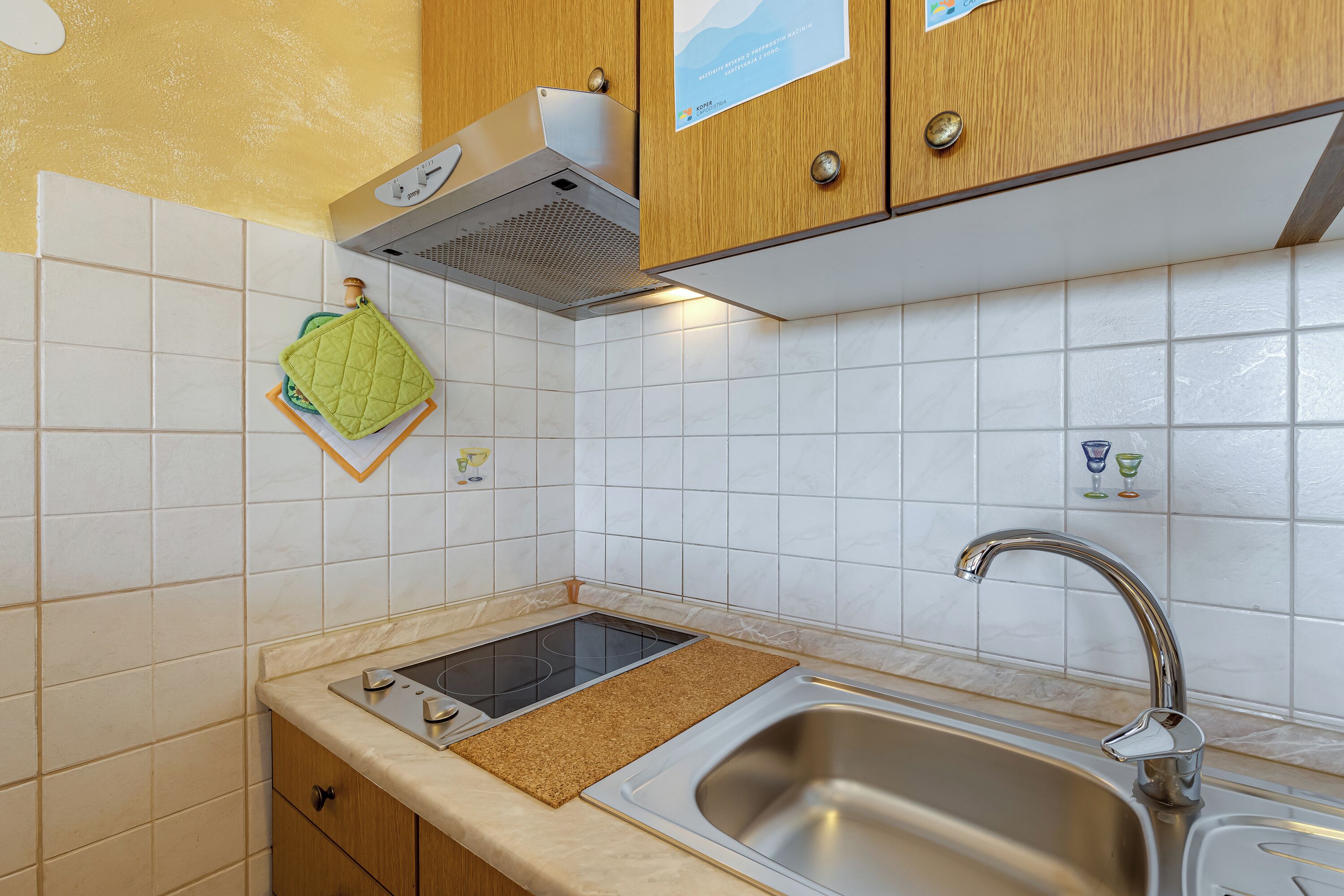A kitchen with a stainless steel sink, a range hood, and a green kitchen towel hanging on the wall.