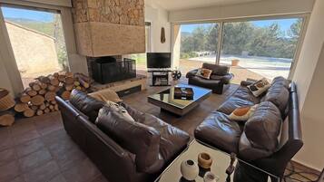 Televisie, een open haard, een dvd-speler en boeken