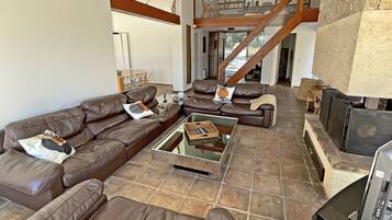Smart TV, chimenea, reproductor de DVD y libros