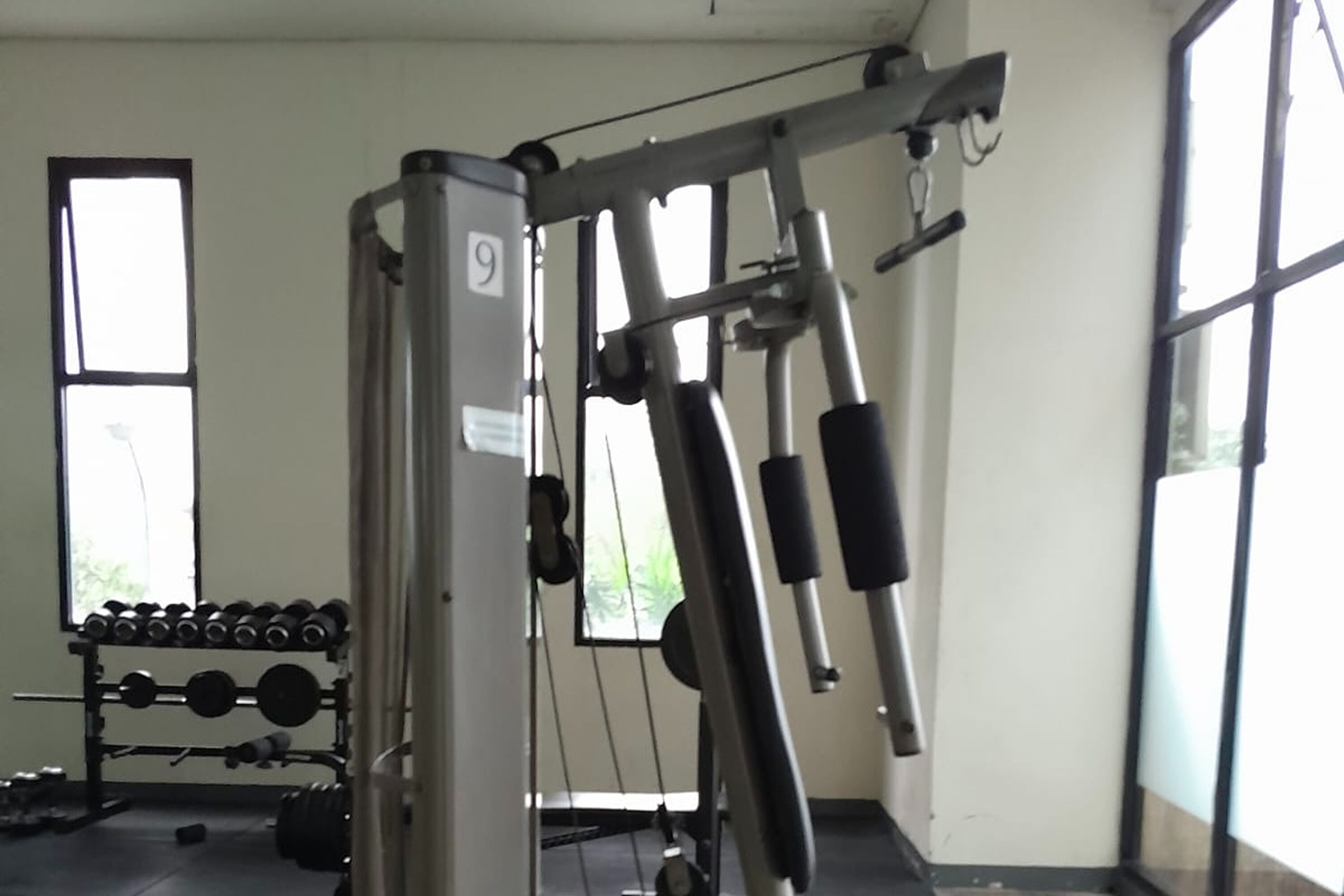 Ein Fitnessraum mit Gewichthebergeräten, einem Hantelständer und großen Fenstern.
