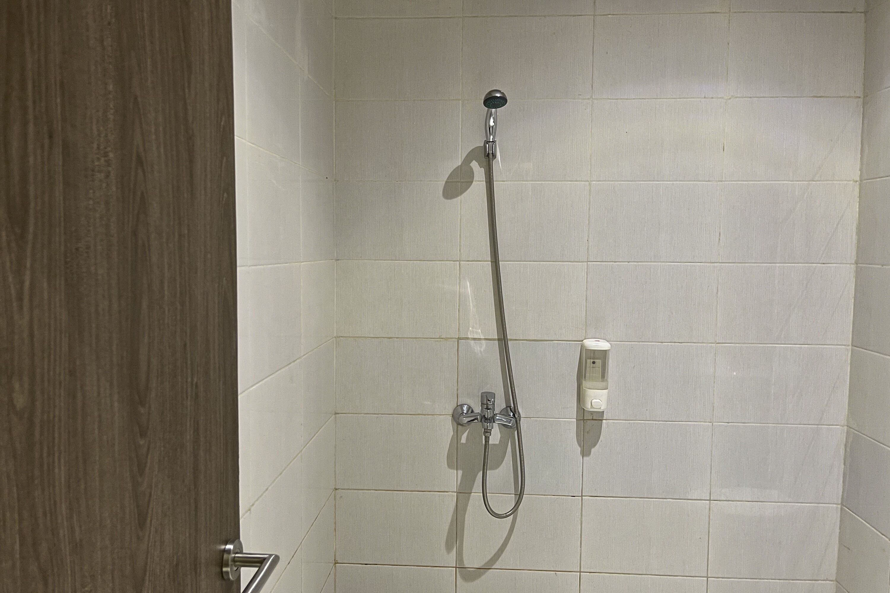 A shower with a handheld showerhead and a wall-mounted control.