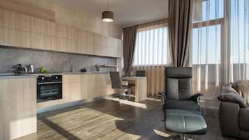 Luxury One-Bedroom Apartment - Corner | Cocina privada | Frigobar, horno, parrilla de estufa y cafetera de espresso