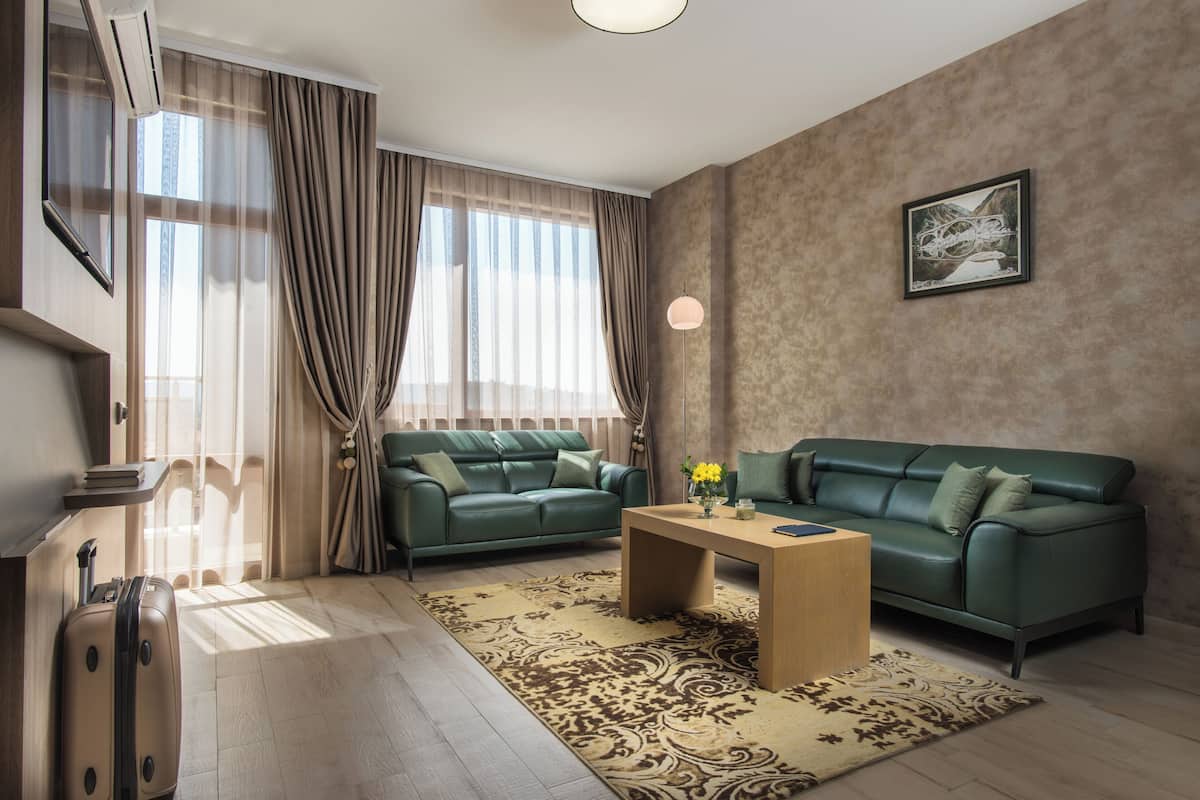 A modern living room with a green sofa, a wooden coffee table, and a patterned rug.