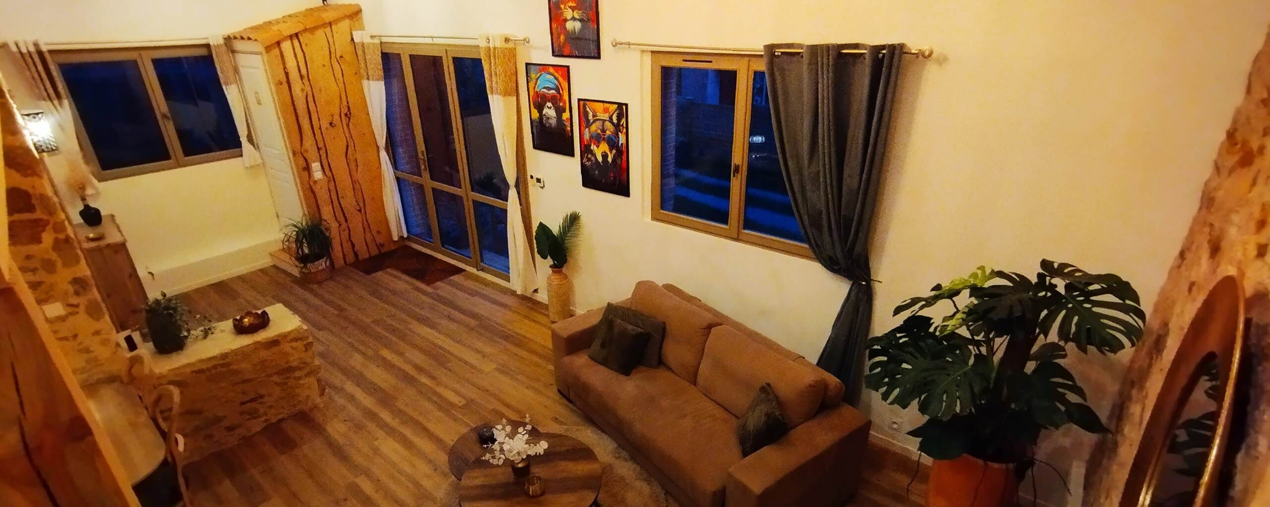 Een gezellige woonkamer met een bank, een salontafel en een potplant.