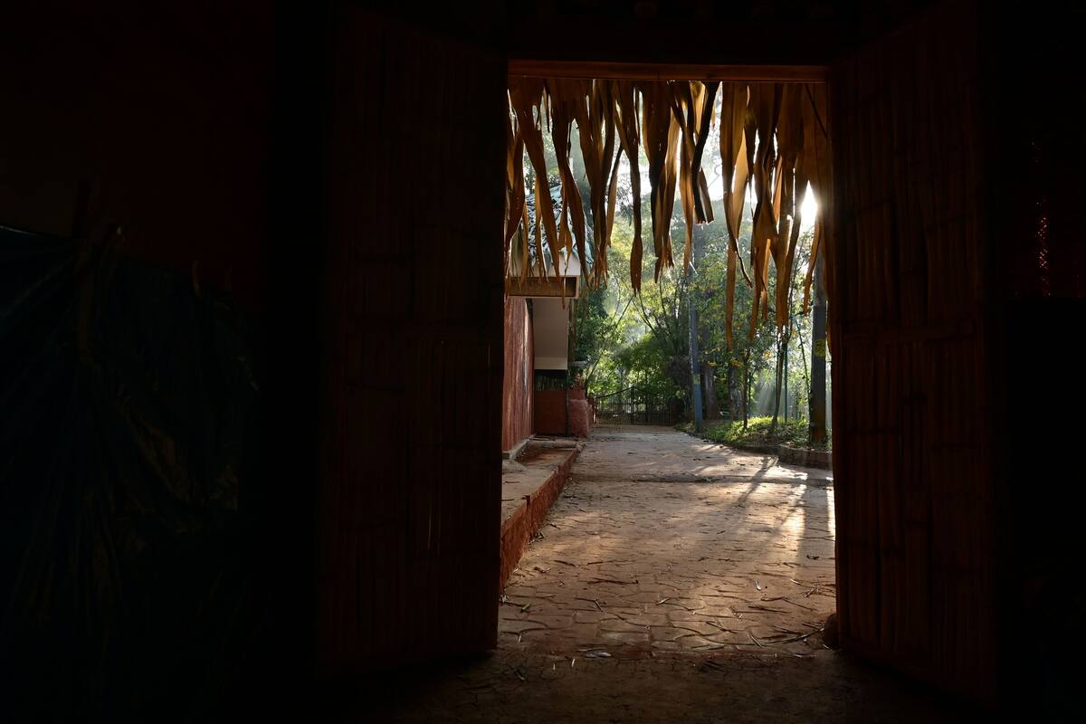 A corridor with a stone floor leading to a wooden door.