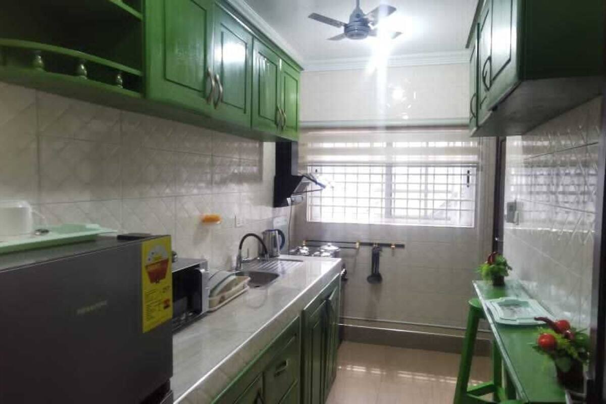 A kitchen with green cabinets, a stainless steel sink, and a window with bars.