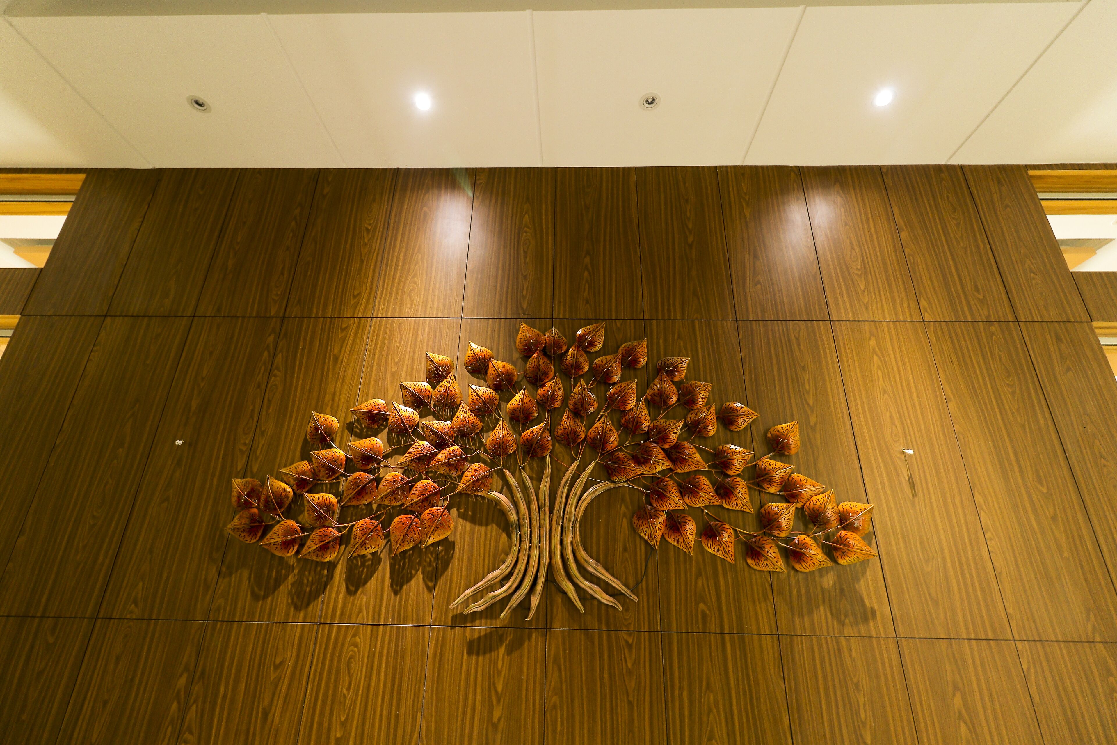 A wooden wall with a tree-like design.