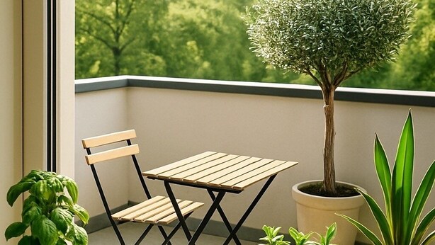 Ein Balkon mit Holztisch und -stühlen, Blumentöpfen und Blick auf Bäume.