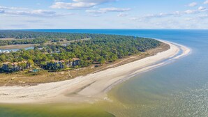 Vue aérienne d’une zone côtière comprenant une plage, une forêt dense et une rangée de bâtiments le long du rivage.