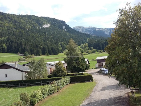 A rural setting with houses, a gravel driveway, and a mountainous backdrop.