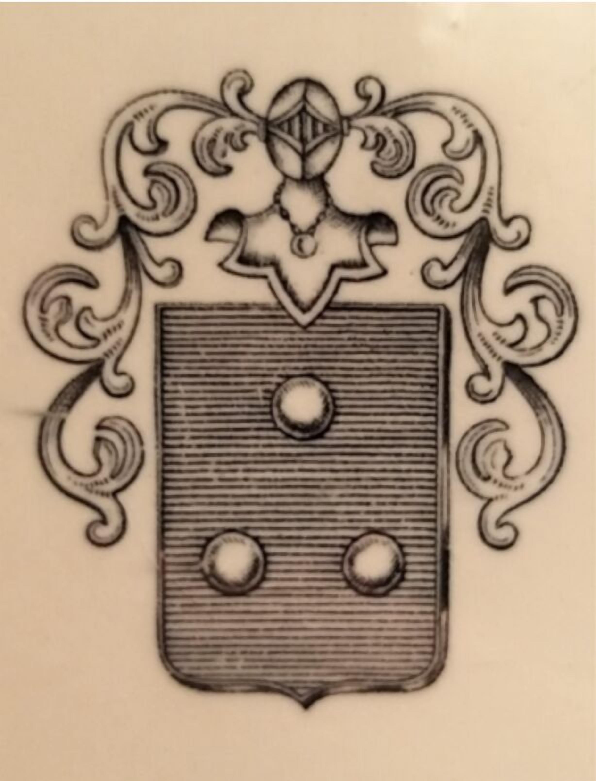 Detallada ilustración en blanco y negro de un escudo con un emblema central y elementos decorativos.