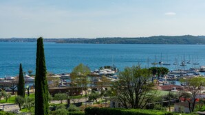 A marina with boats, a tall tree, and a distant shoreline. - AHG Riva Del Sole Wellness Hotel - Adults Only (Moniga del Garda)