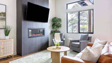 Télévision, cheminée, espaces bureaux