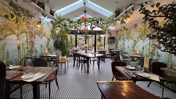 Un espace de restauration intérieur avec des tables et des chaises, un sol à motifs et des plantes suspendues.