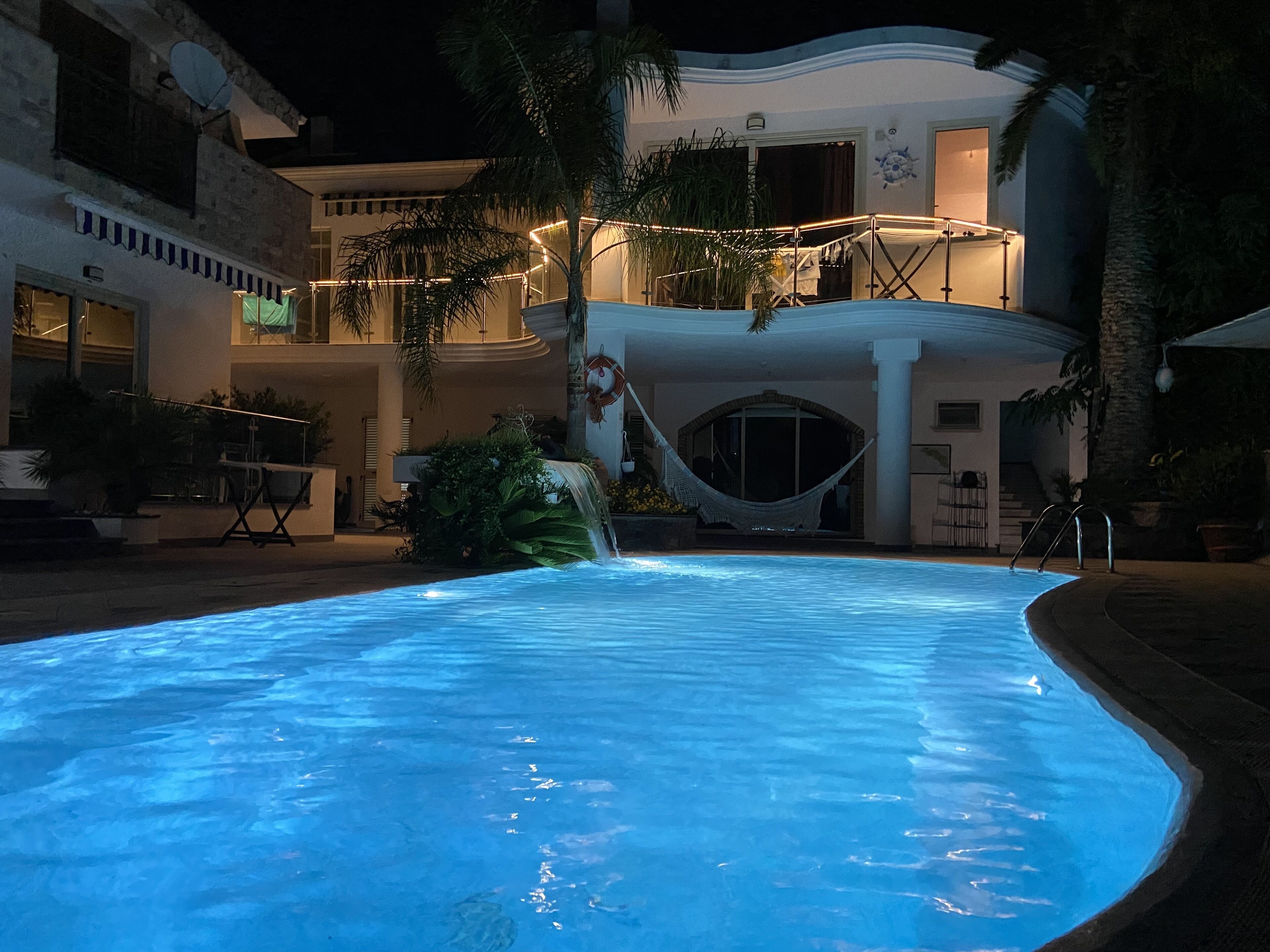 A pool with a hammock and a palm tree, surrounded by a building with balconies and string lights.