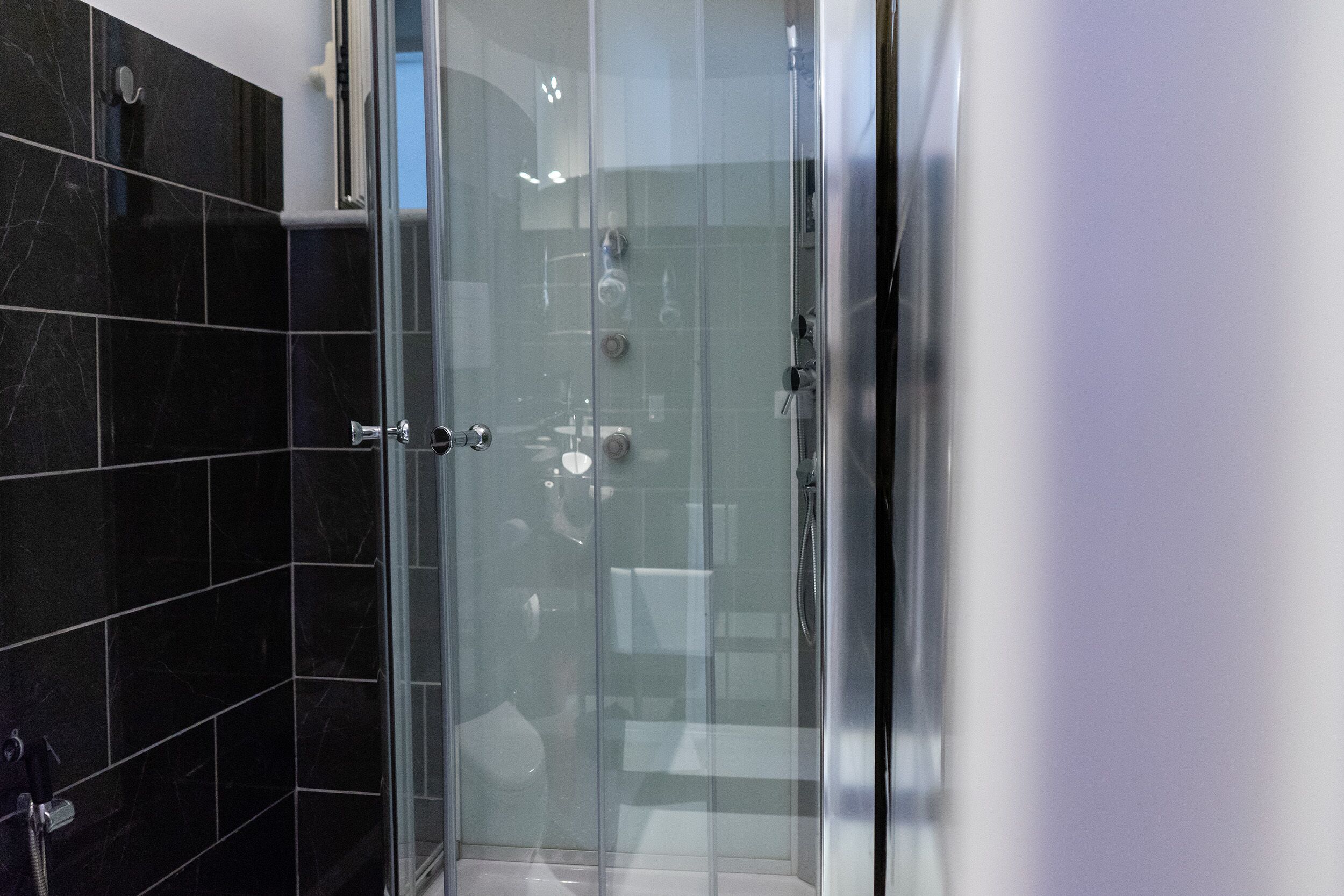A modern bathroom with black marble tiles, a glass-enclosed shower, and a visible toilet.