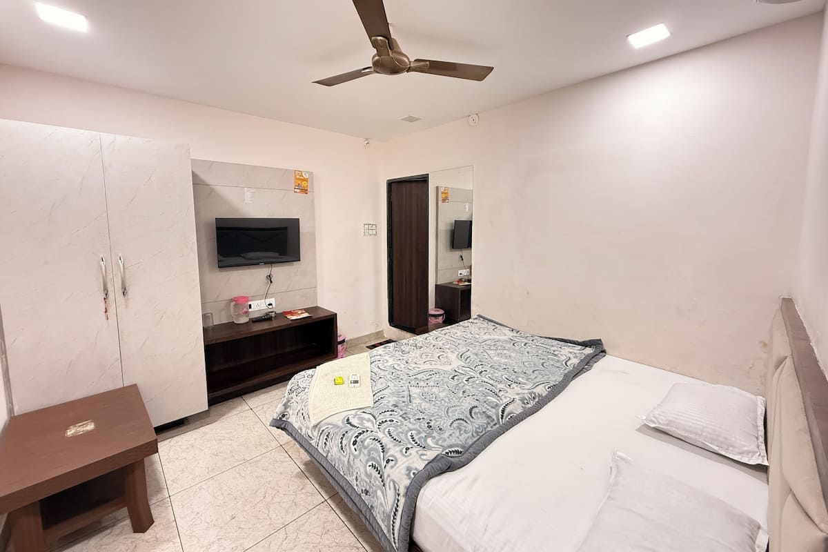 A bedroom with a bed, a TV, a ceiling fan, a wardrobe, and a bedside table.
