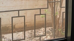 A window with a mesh screen, allowing a view of outdoor trees and a building.