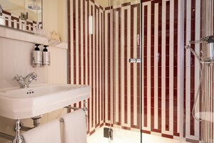 A bathroom with a white sink, a mirror, two bottles of Typology, a shower with a handheld showerhead, and a striped wall.