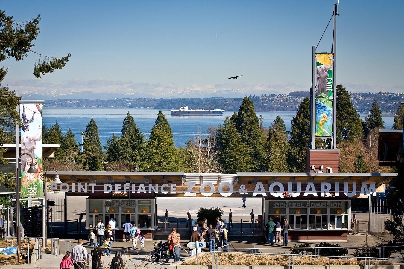 The entrance to Point Defiance Zoo & Aquarium with a view of the surrounding area and a body of water in the background.