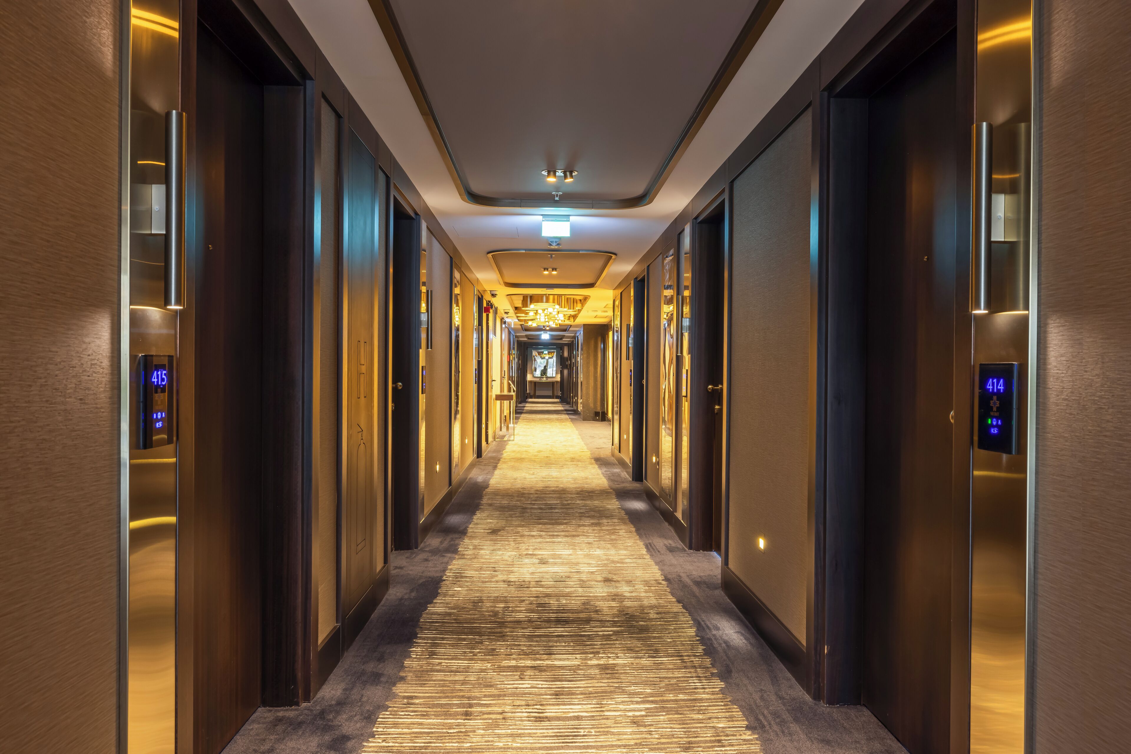 A hotel hallway with a carpeted floor, wooden walls, and modern elevator doors.