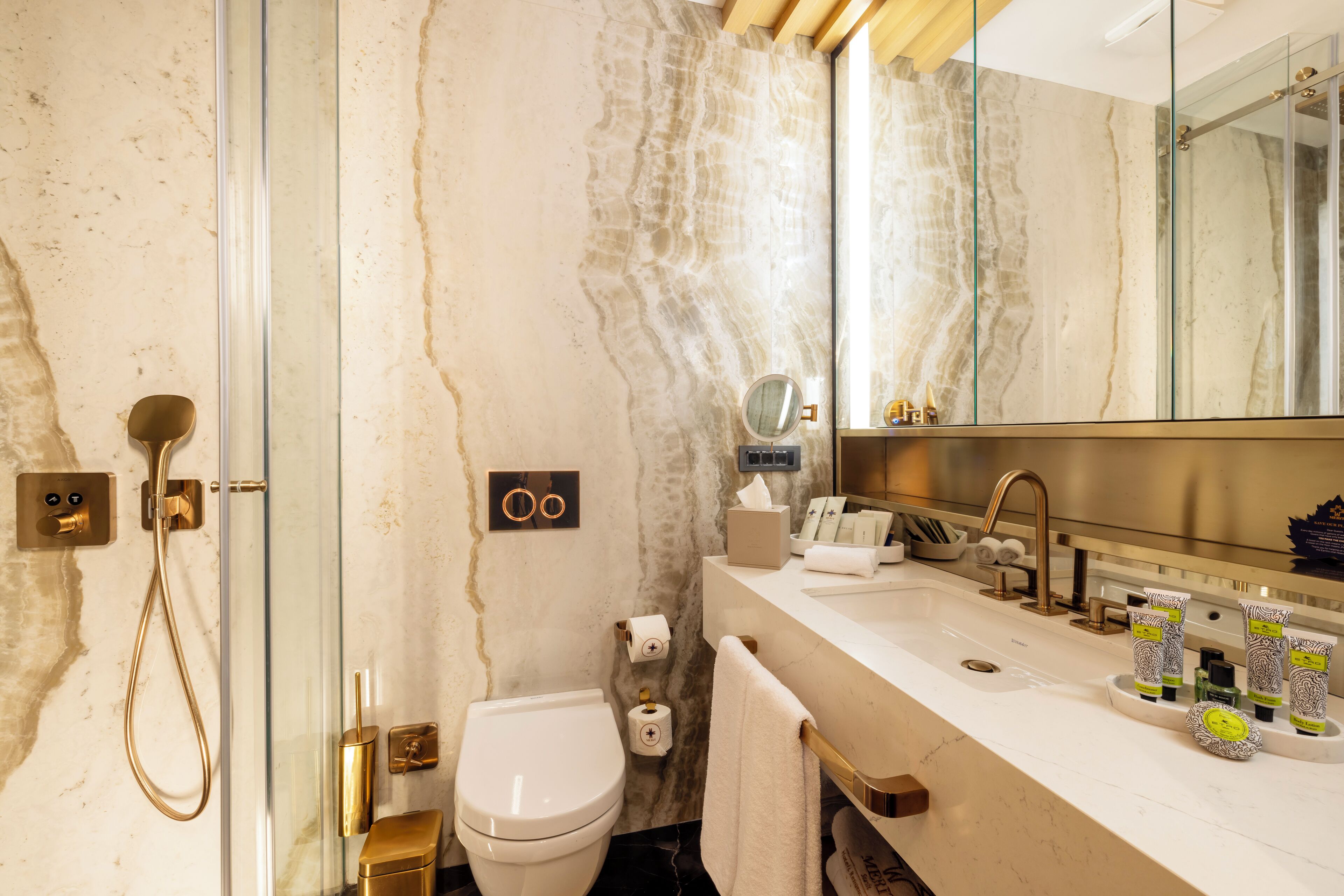 A modern bathroom with a glass-enclosed shower, a toilet, and a vanity with a large mirror.