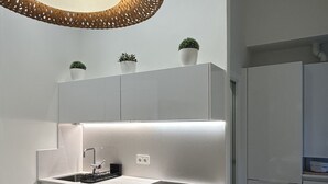 A modern kitchen with a built-in oven, a sink, and a stainless steel refrigerator. There are potted plants on the countertop and a pendant light above the sink. - Corazón Donostiarra (Donostia)