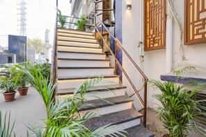 A staircase with a metal railing leading to a building entrance, surrounded by potted plants.