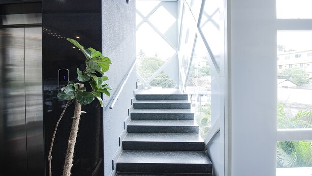 A staircase with a plant on the left, leading to a bright area with a view of buildings outside. - Fabhotel Prime Suloka Towers (Kushalnagar)