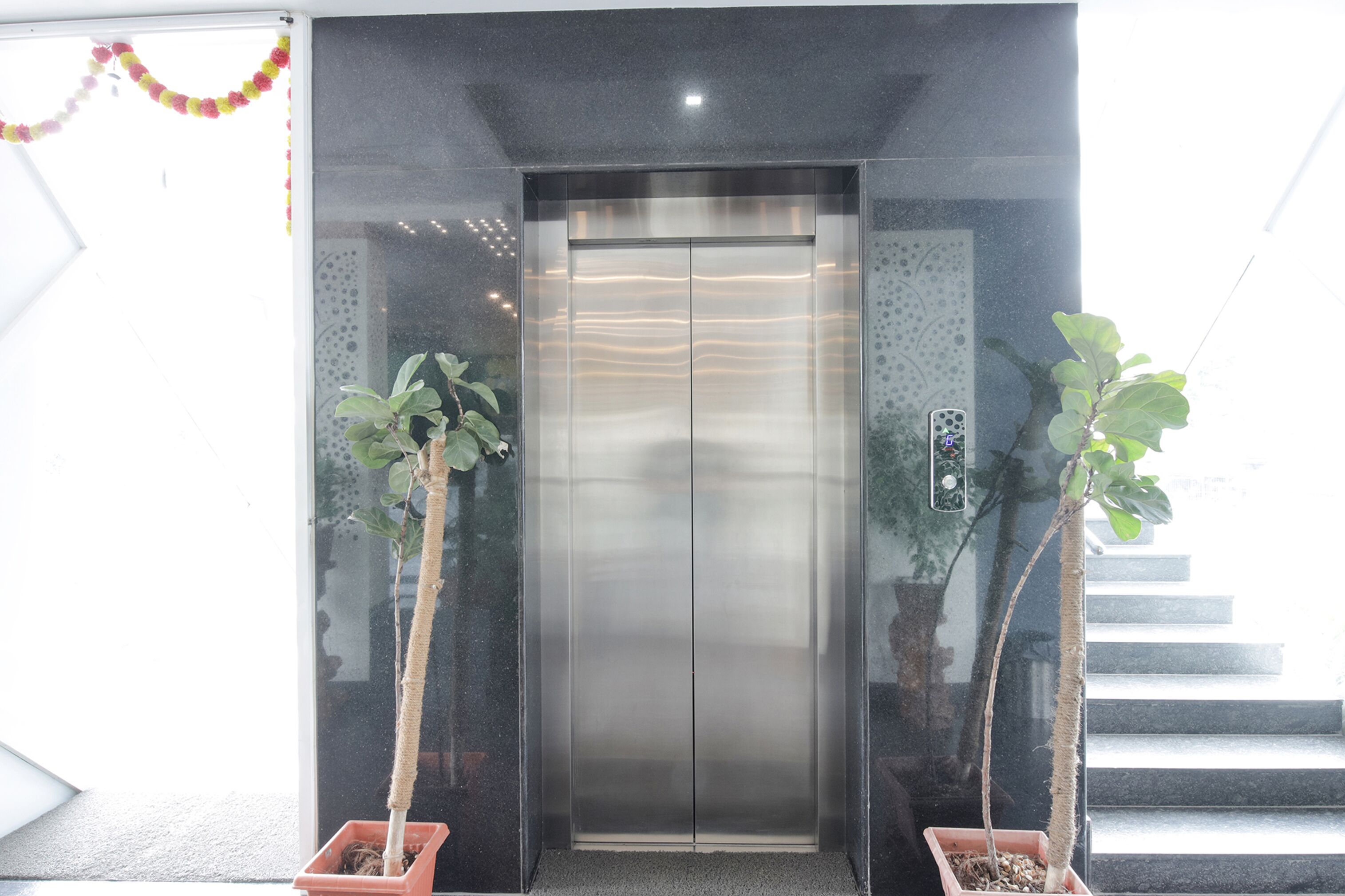 An elevator with a metallic finish, flanked by potted plants.