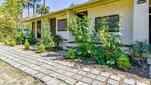 A building with a paved walkway, surrounded by various plants and palm trees. - Fabhotel Resort Royal Garden Retreat (Abu Road)