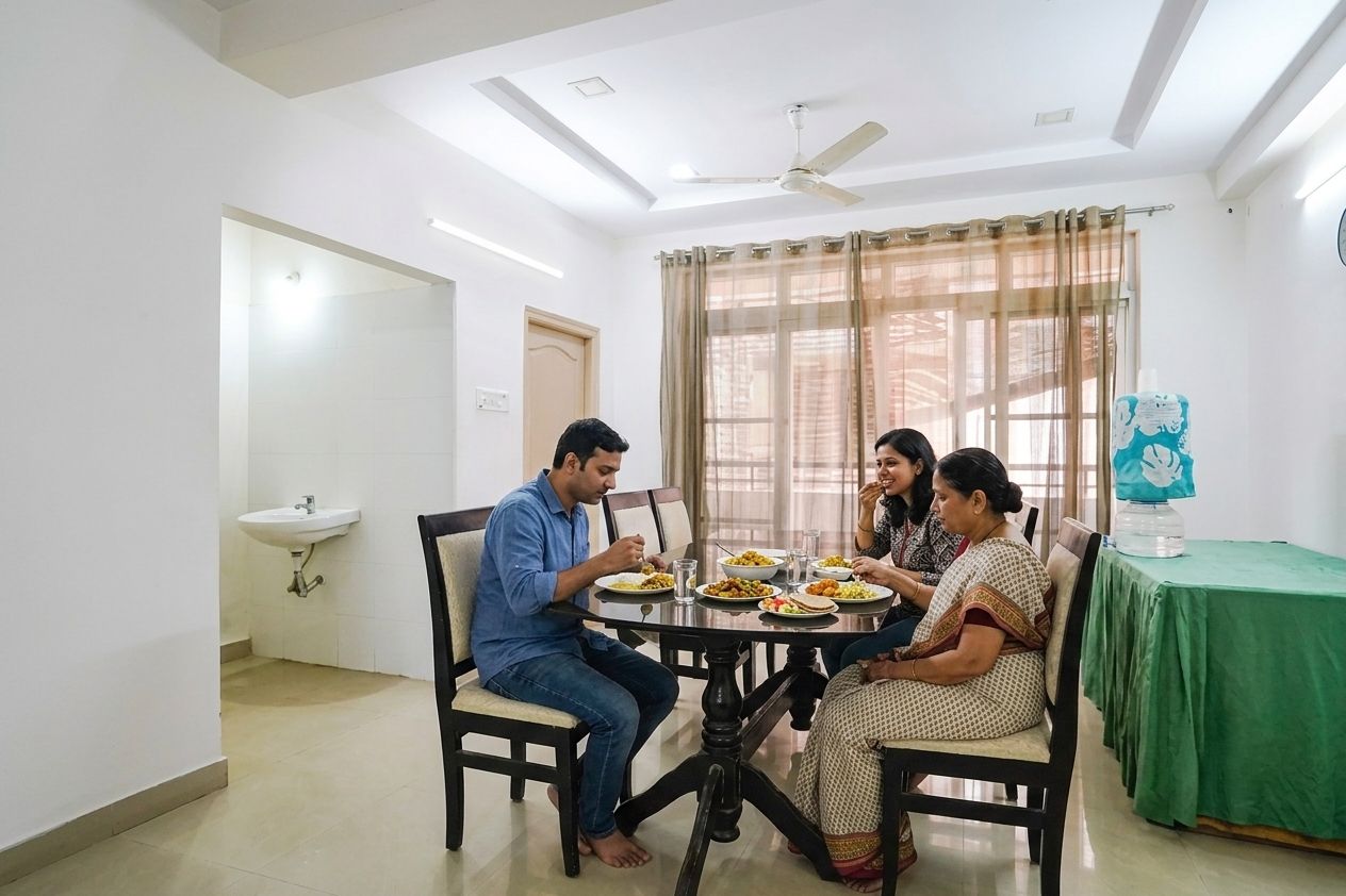 A dining area with a round table, chairs, and a ceiling fan.