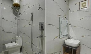 A bathroom with a toilet, a shower, and a sink. - FabHotel Vihaan Regency (New Delhi)