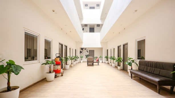 A corridor with potted plants, a fire extinguisher, a bench, and a chair. - FabExpress Vivek (Prayagraj)